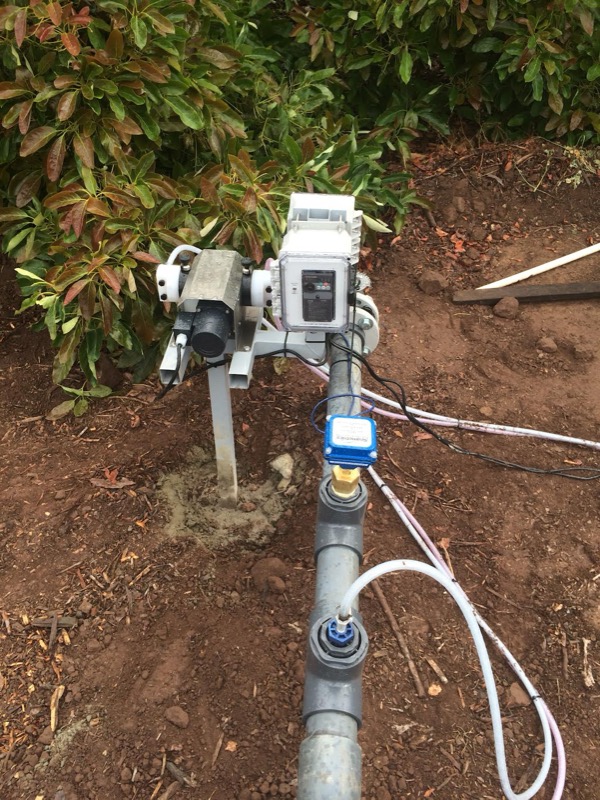 Ozawa pump, controller, and flow meter on an irrigation riser
