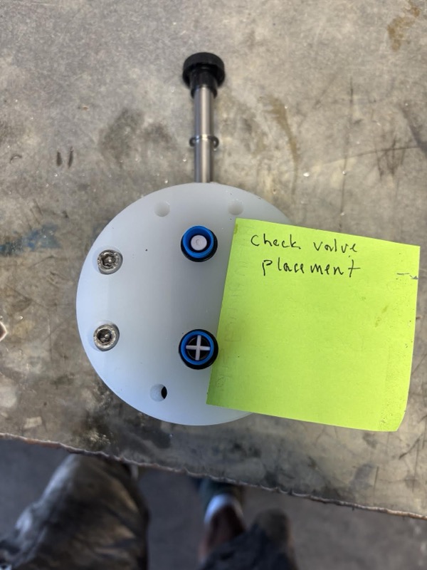 Pump head marked to show check valve placement